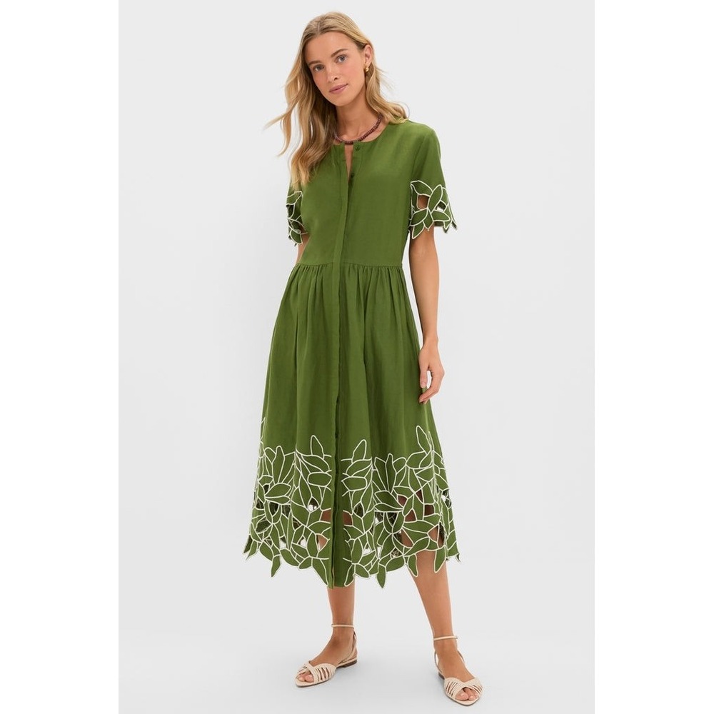 Tuckernuck Fern FLoral Eyelet Pilar Green Linen Midi Dress (MSRP: $348) Medium